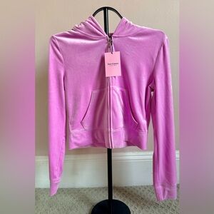 Juicy Couture Pink Velour Zip Hoodie Crown Crest Rhinestone Floral Bloom NWT M
